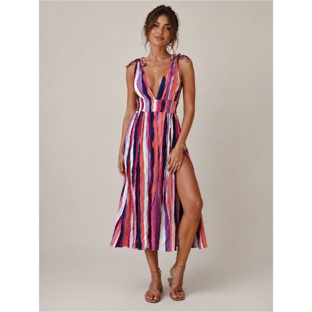 Forever 21 Multicolor Striped Tie Strap Midi Dress Size XS